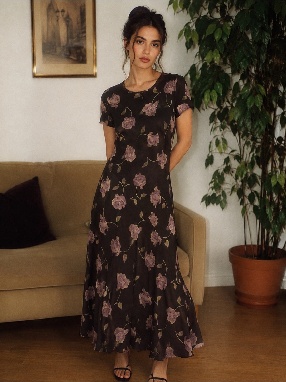 Vintage 90’s Ann Taylor Maxi Dress with Purple Floral Print 100% silk